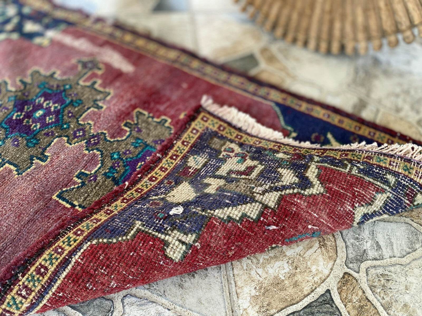 Vintage Turkish Oushak Rug, 1x3 ft Terracotta Handmade Wool Antique Tribal Small