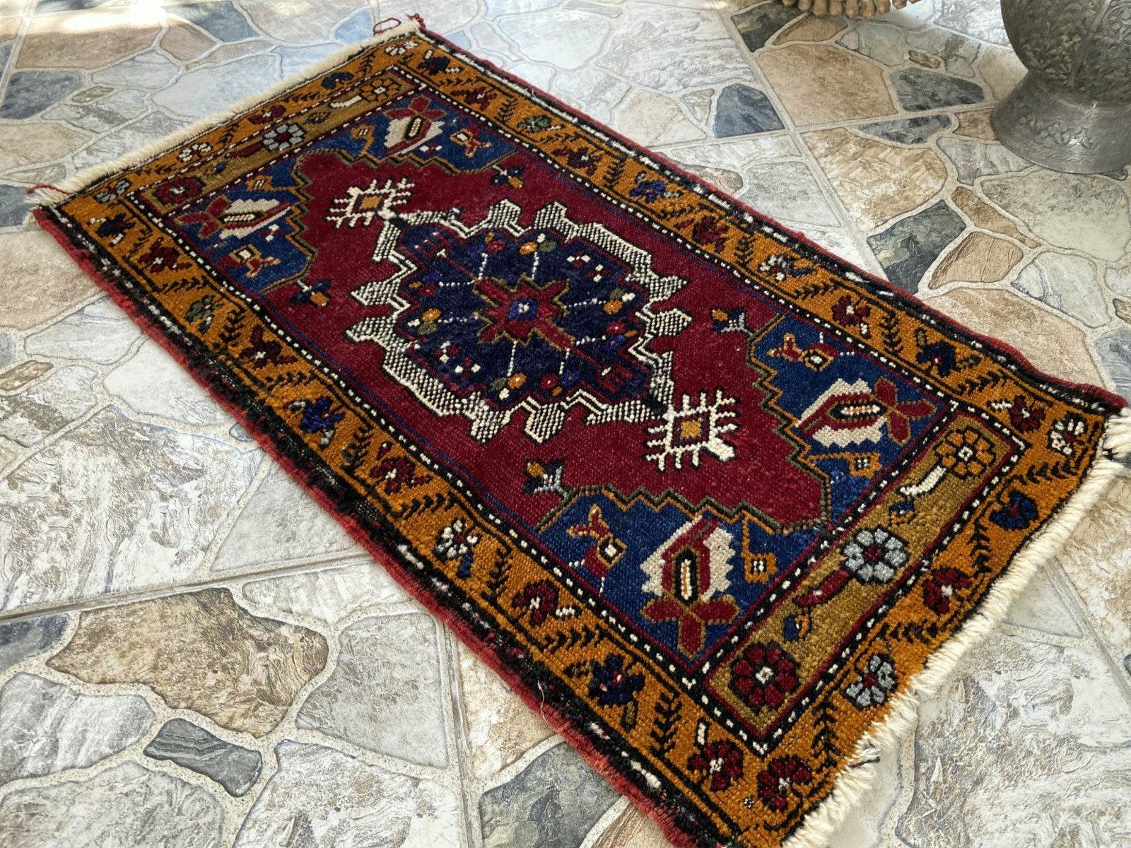 Small Anatolian Rug | 1.7 x 2.9 ft Vintage Hand-Knotted Wool Faded Geometric Rug