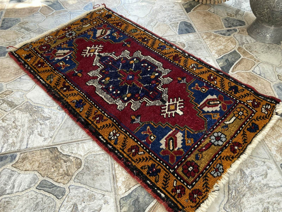 Small Anatolian Rug | 1.7 x 2.9 ft Vintage Hand-Knotted Wool Faded Geometric Rug