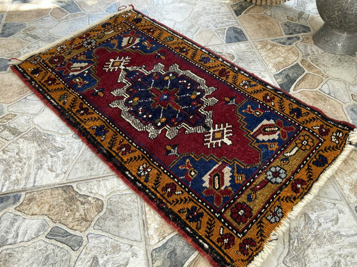 Small Anatolian Rug | 1.7 x 2.9 ft Vintage Hand-Knotted Wool Faded Geometric Rug