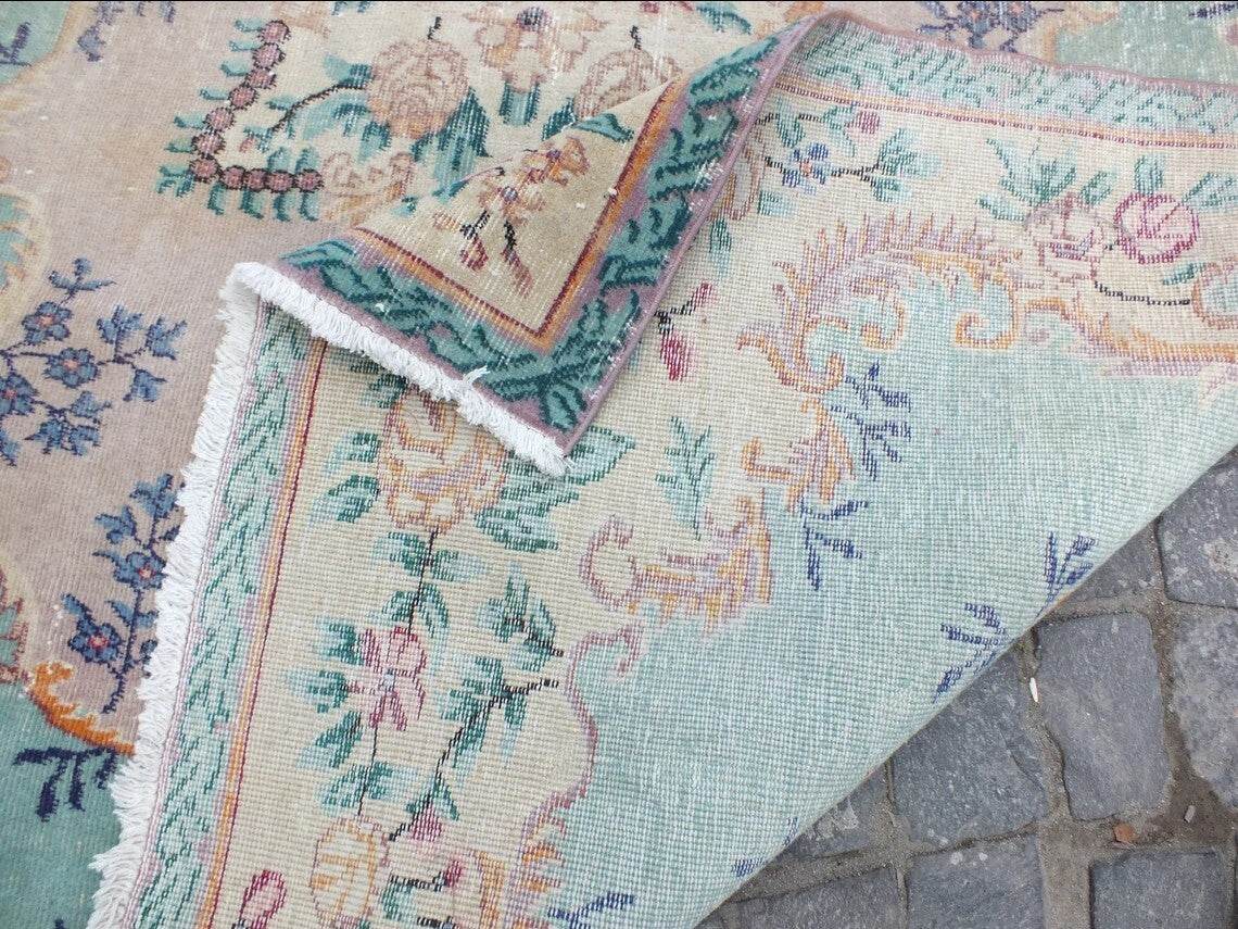 Large Turkish Vintage Oushak Rug, Farmhouse Handmade Wool Geometric 6.4x9.6 Ft