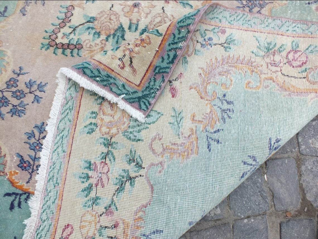 Large Turkish Vintage Oushak Rug, Farmhouse Handmade Wool Geometric 6.4x9.6 Ft