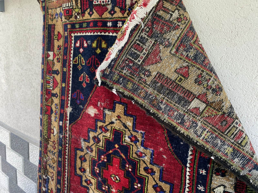 Vintage Turkish Tribal Rug | 3 x 9 ft Farmhouse Hand-Knotted Wool Geometric Rug