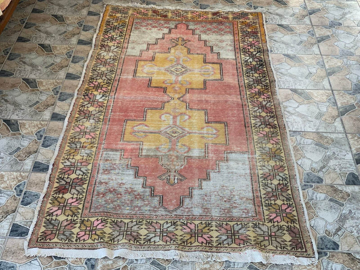 Vintage Turkish Area Rug Tribal Oushak Oriental Farmhouse Wool Geometric 4.4x8.1