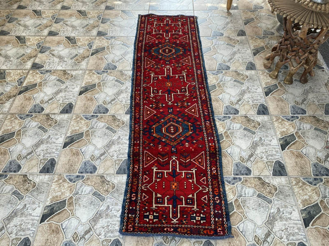 Vintage Persian Style Runner Rug | 1.8 x 6.6 ft Hand-Knotted Wool | Red & Blue Tribal