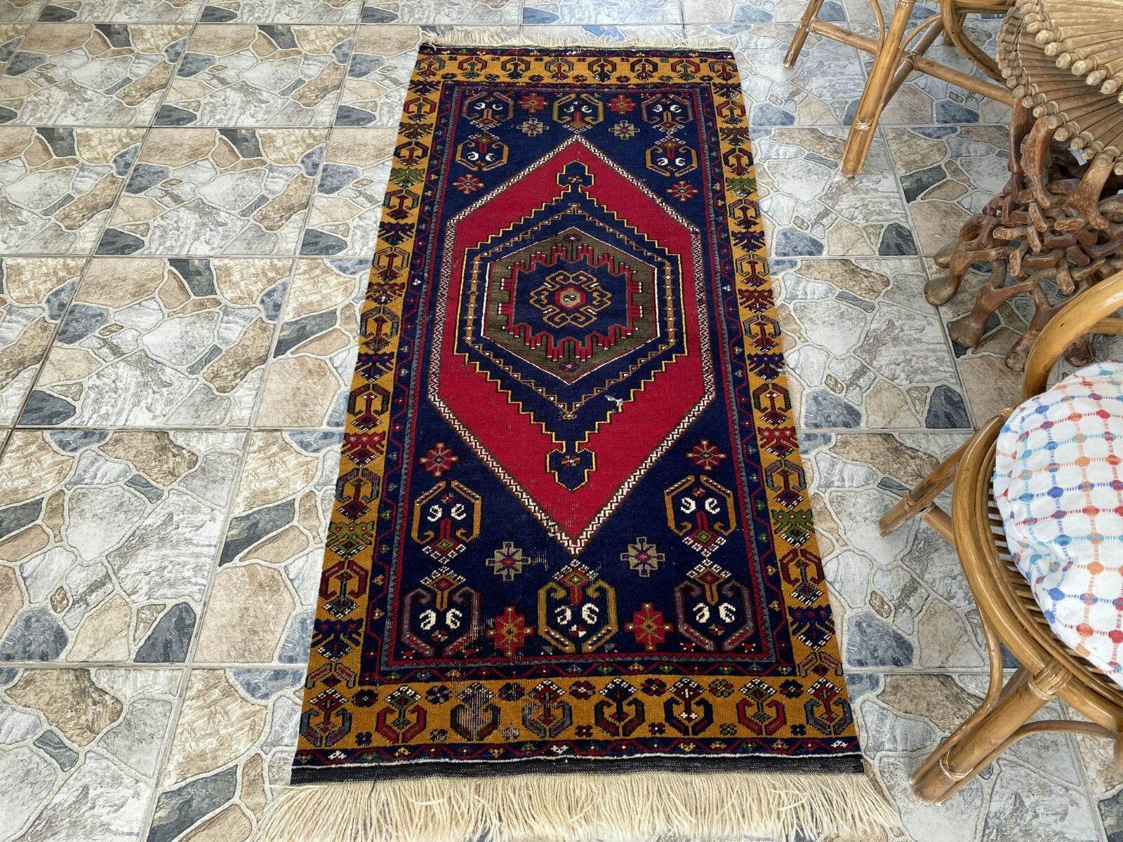 Turkish Vintage Rug,Geometric Farmhouse Antique Anatolian Village Rug 2.7x6 Ft