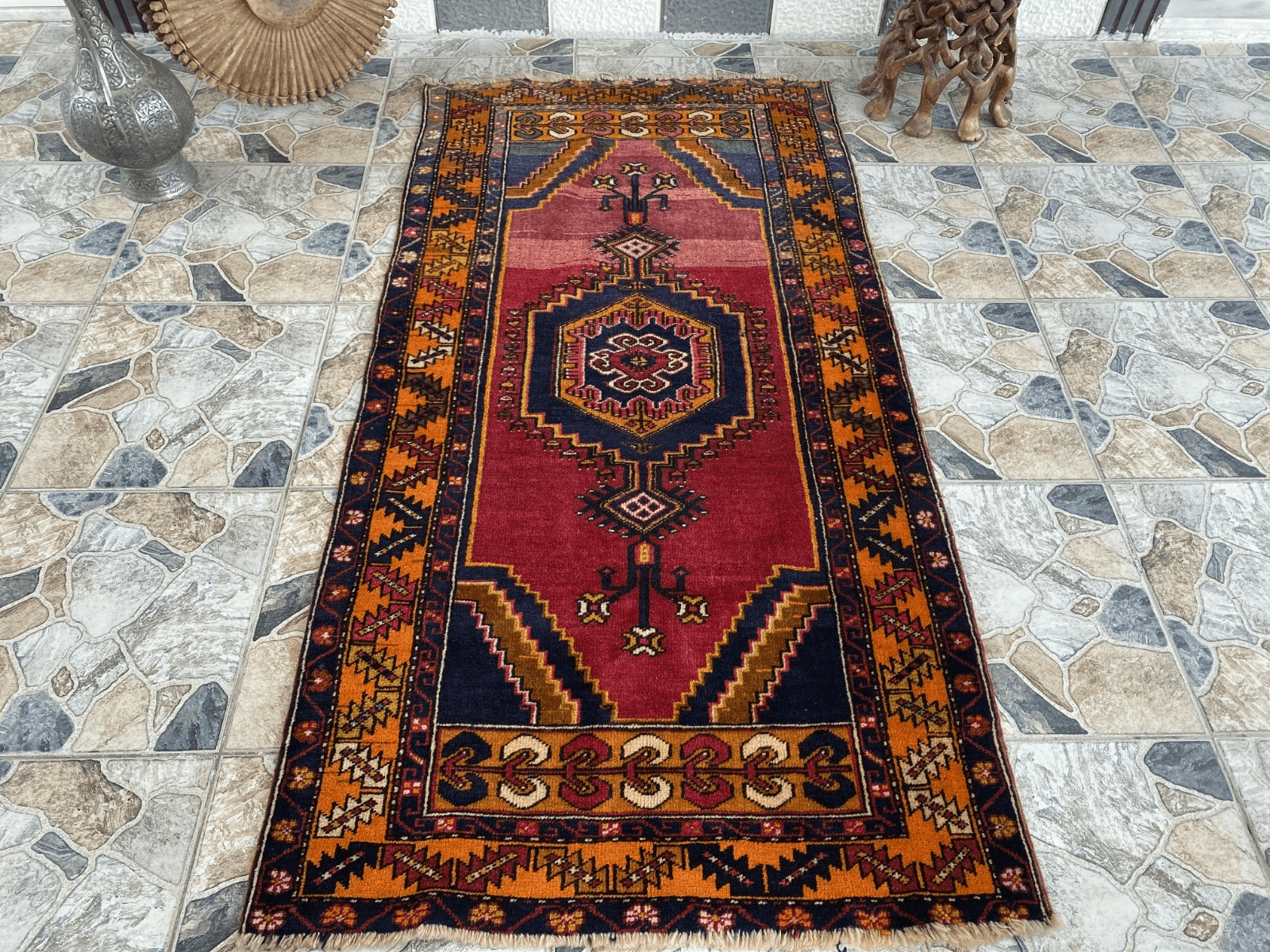 Geometric Turkish Vintage Rug, Farmhouse Handmade Anatolian Village Rug 3x6 ft