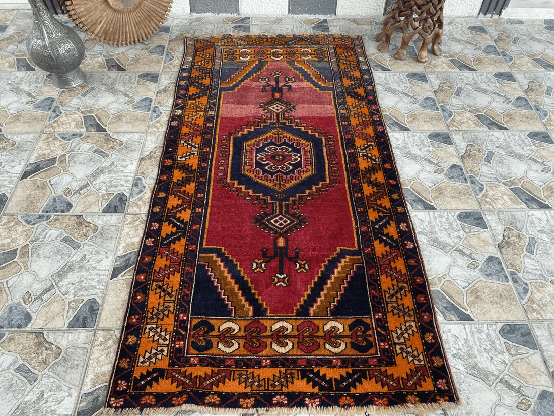 Geometric Turkish Vintage Rug, Farmhouse Handmade Anatolian Village Rug 3x6 ft