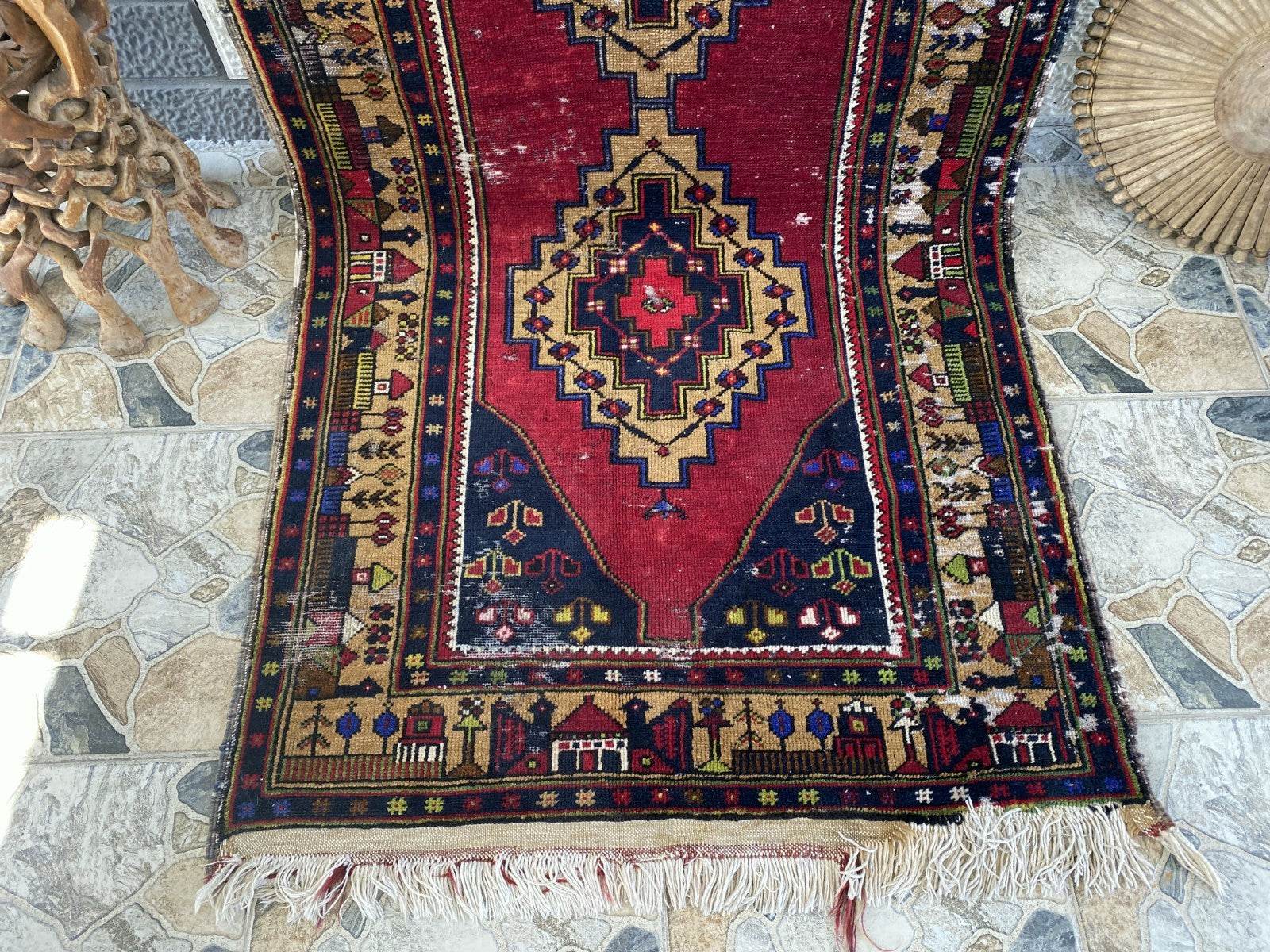 Vintage Turkish Tribal Rug | 3 x 9 ft Farmhouse Hand-Knotted Wool Geometric Rug