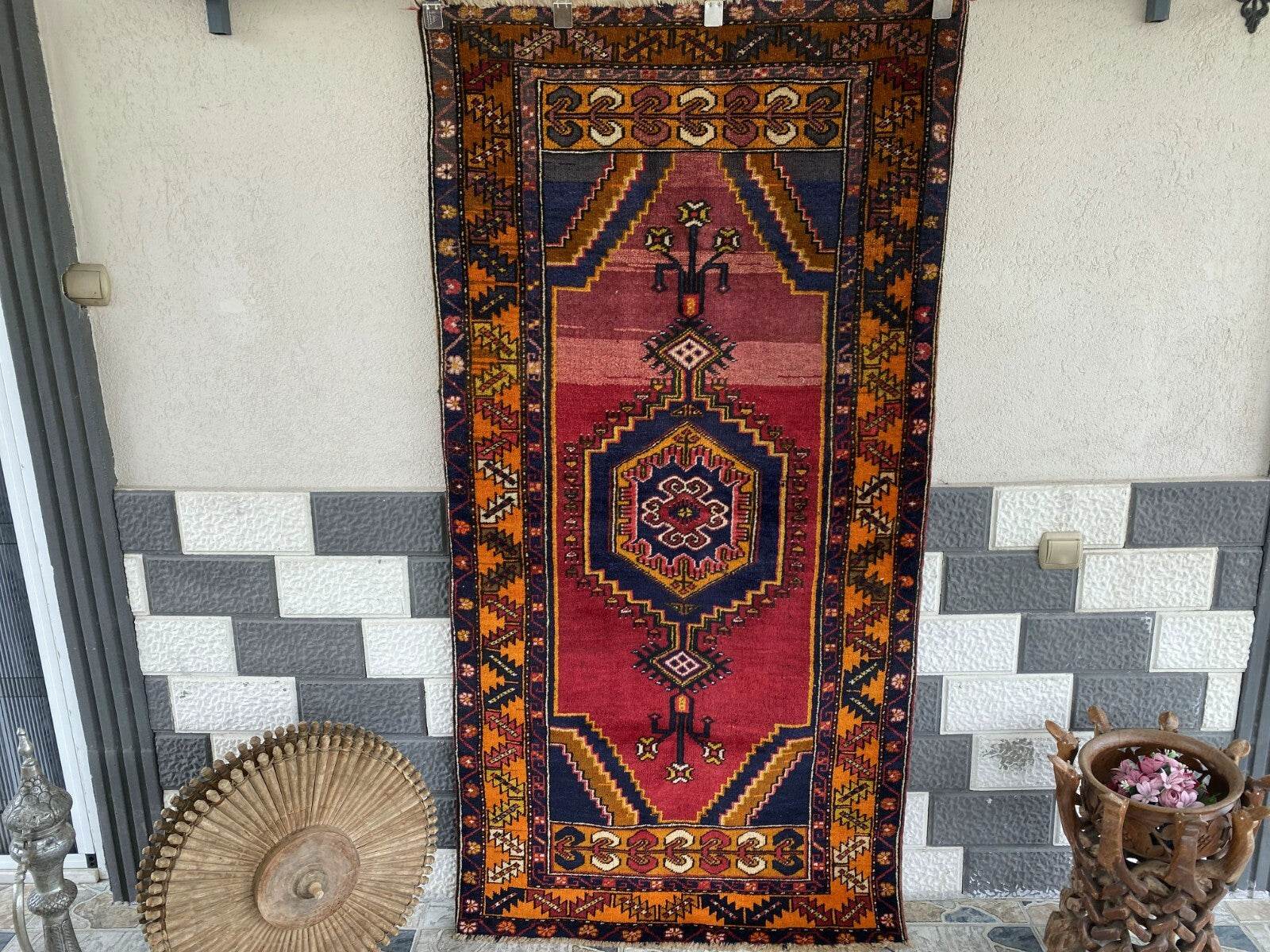 Geometric Turkish Vintage Rug, Farmhouse Handmade Anatolian Village Rug 3x6 ft
