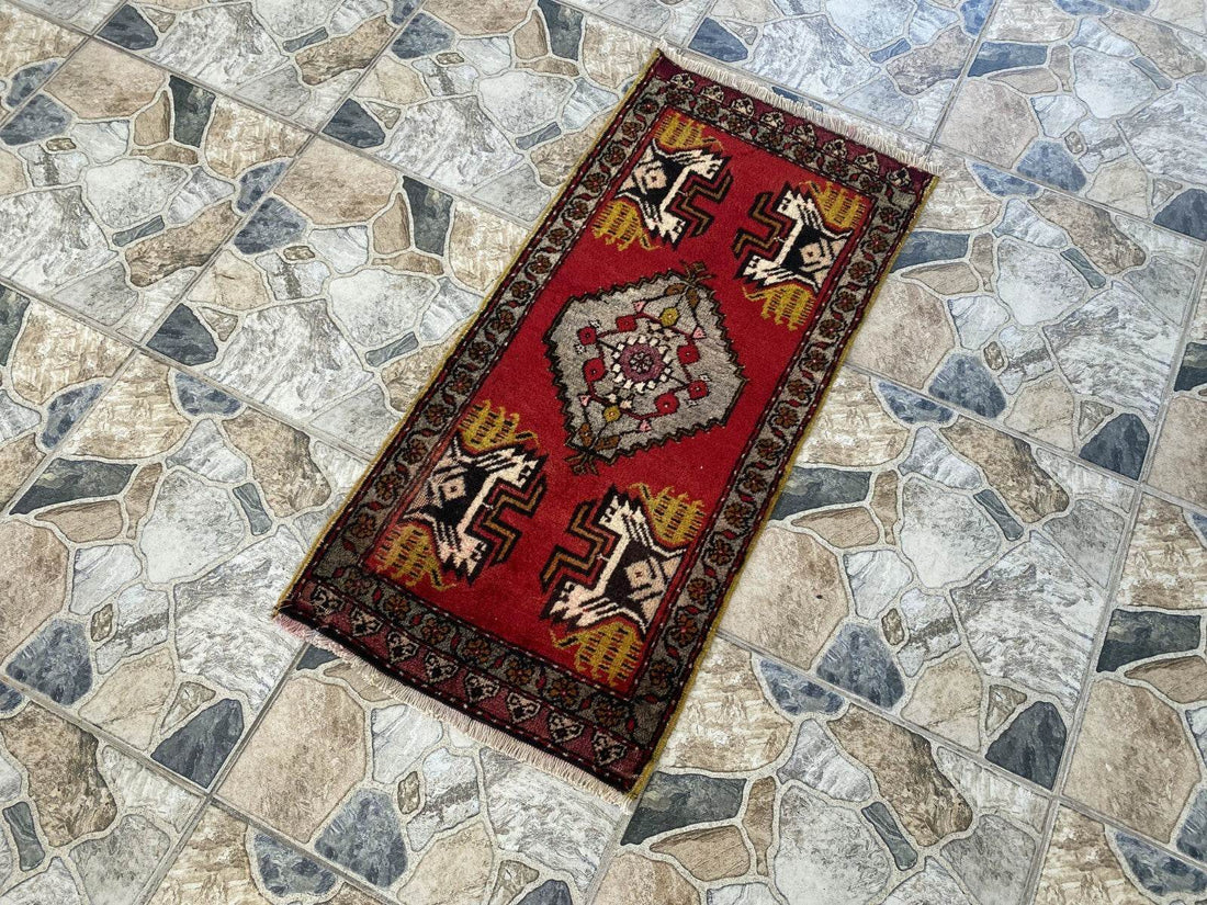Vintage Rug | Small AntiqueWool Farmhouse Anatolian Handmade Turkish 1.7x3.5ft