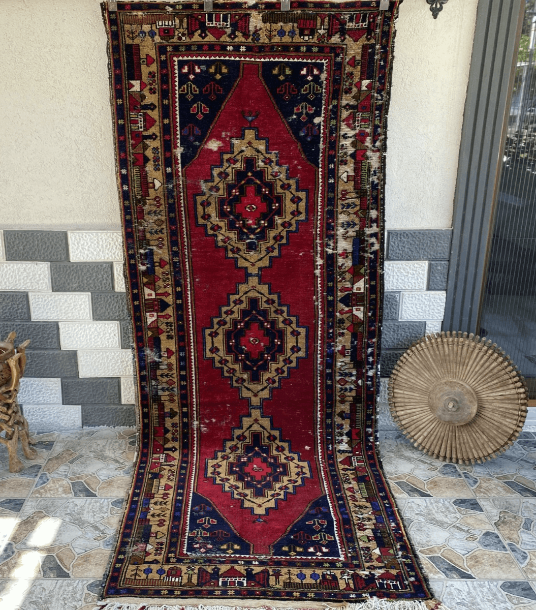 Vintage Turkish Tribal Rug | 3 x 9 ft Farmhouse Hand-Knotted Wool Geometric Rug