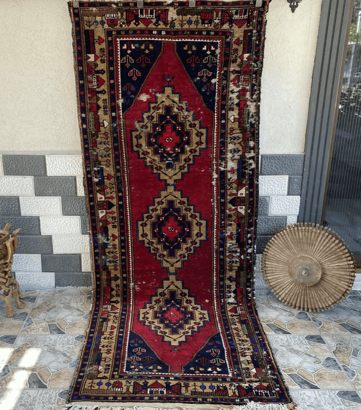 Vintage Turkish Tribal Rug | 3 x 9 ft Farmhouse Hand-Knotted Wool Geometric Rug