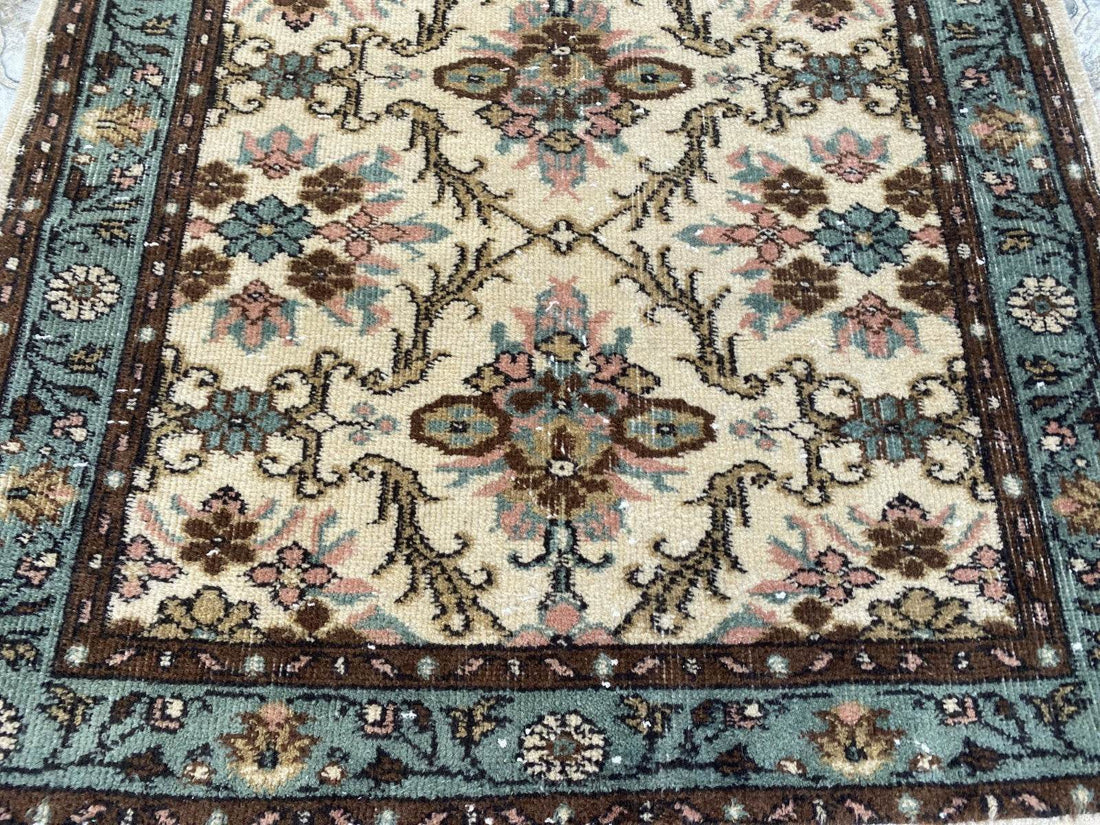 Vintage Anatolian Area Rug, 3.3x6.3 ft Hand-Knotted Wool Faded Rustic Geometric