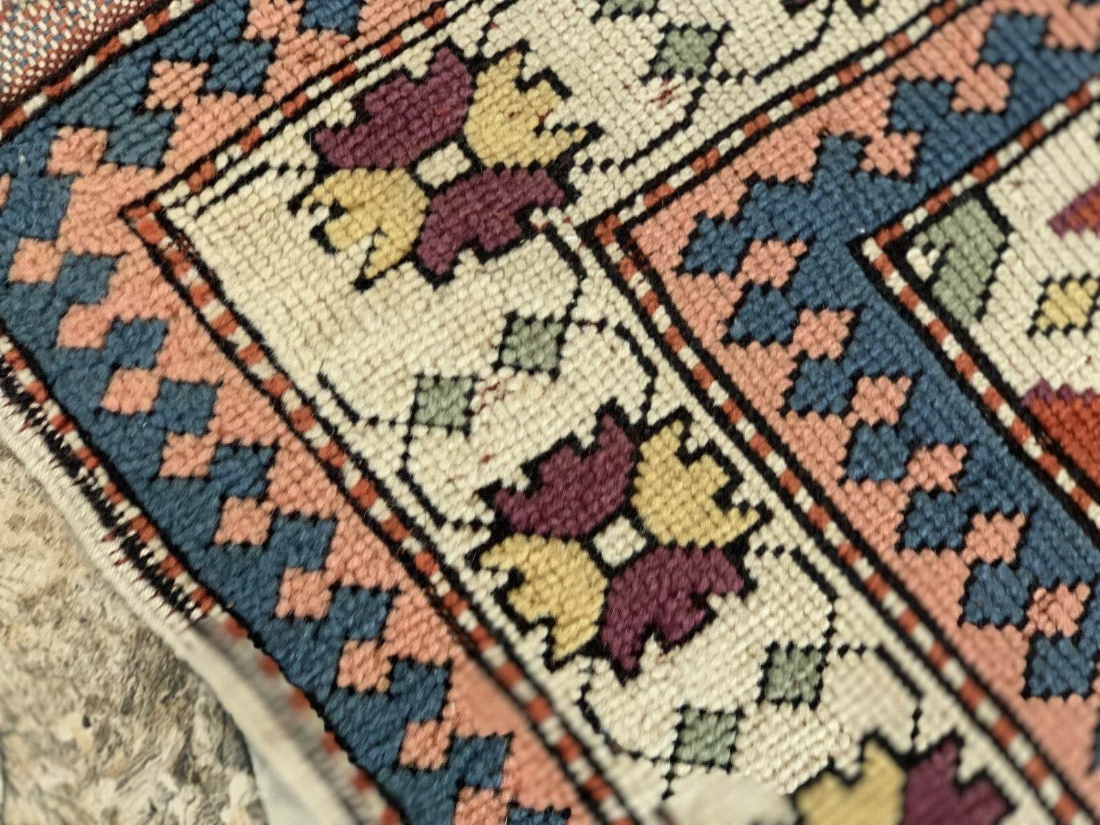 Vintage Handmade Turkish Wool Rug Anatolian Farmhouse Geometric Oushak 4.1x5.4ft