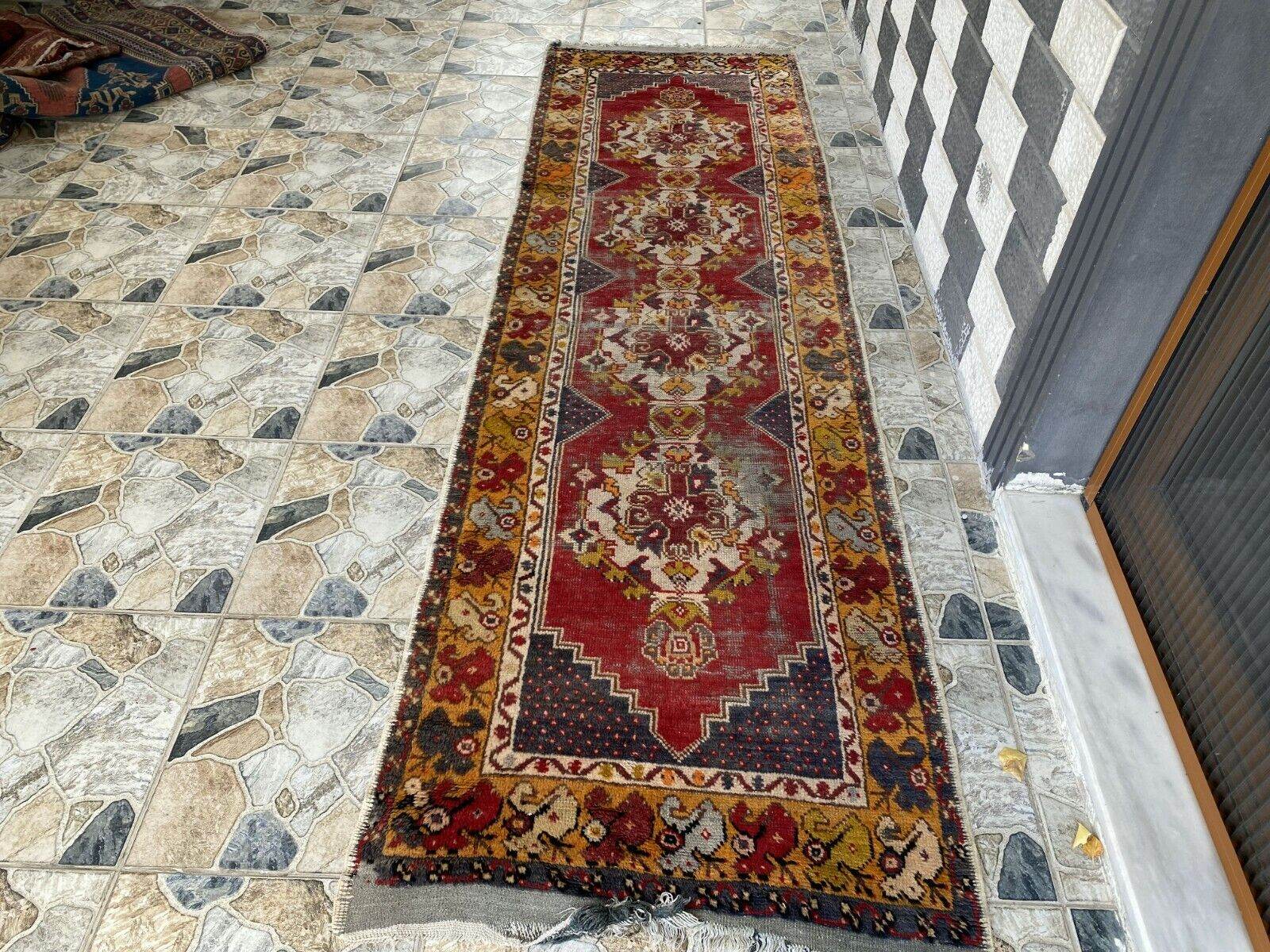 Vintage Turkish Wool Rug - Handmade Antique Red Oushak Kurdish Runner Rug 3x9 ft