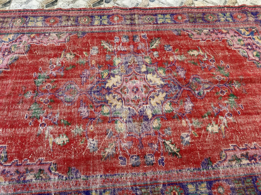 Vintage Hand-Knotted Wool Rug | 6.0 x 9.8 ft Anatolian Area Carpet Faded Tribal