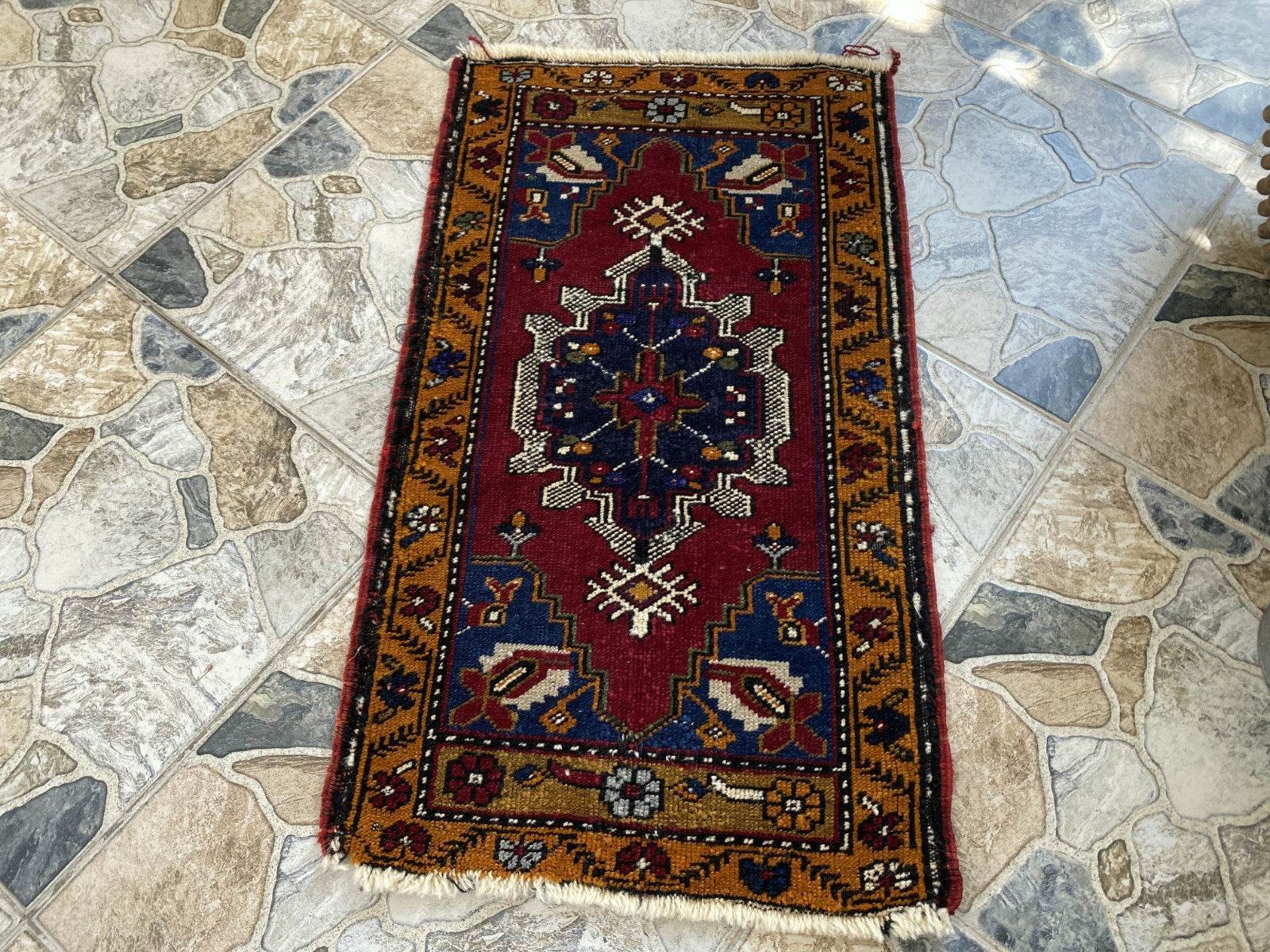 Small Anatolian Rug | 1.7 x 2.9 ft Vintage Hand-Knotted Wool Faded Geometric Rug