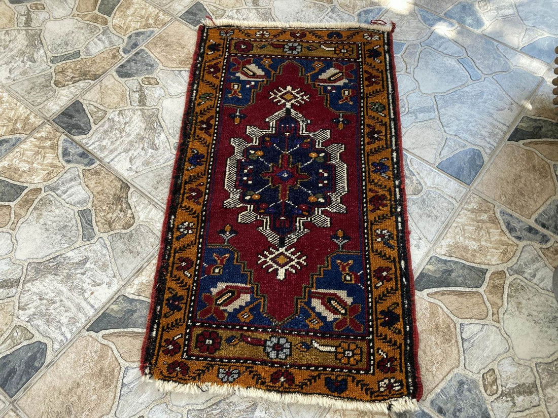 Small Anatolian Rug | 1.7 x 2.9 ft Vintage Hand-Knotted Wool Faded Geometric Rug