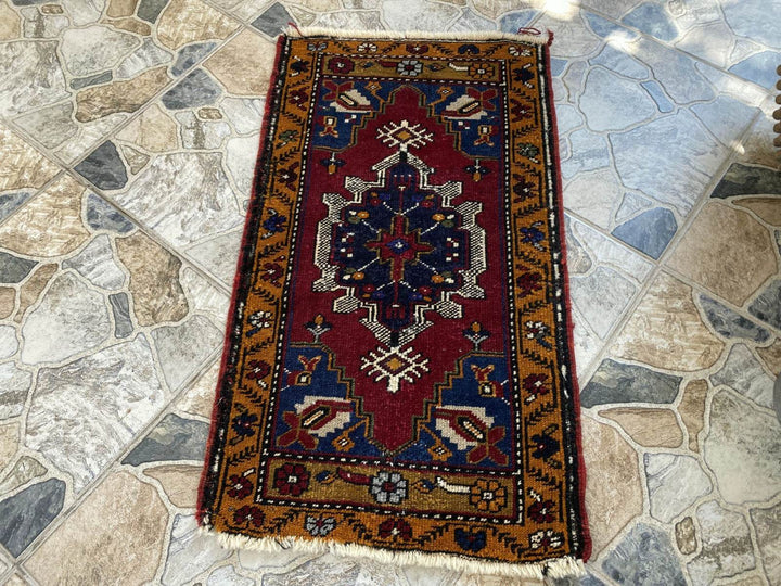 Small Anatolian Rug | 1.7 x 2.9 ft Vintage Hand-Knotted Wool Faded Geometric Rug