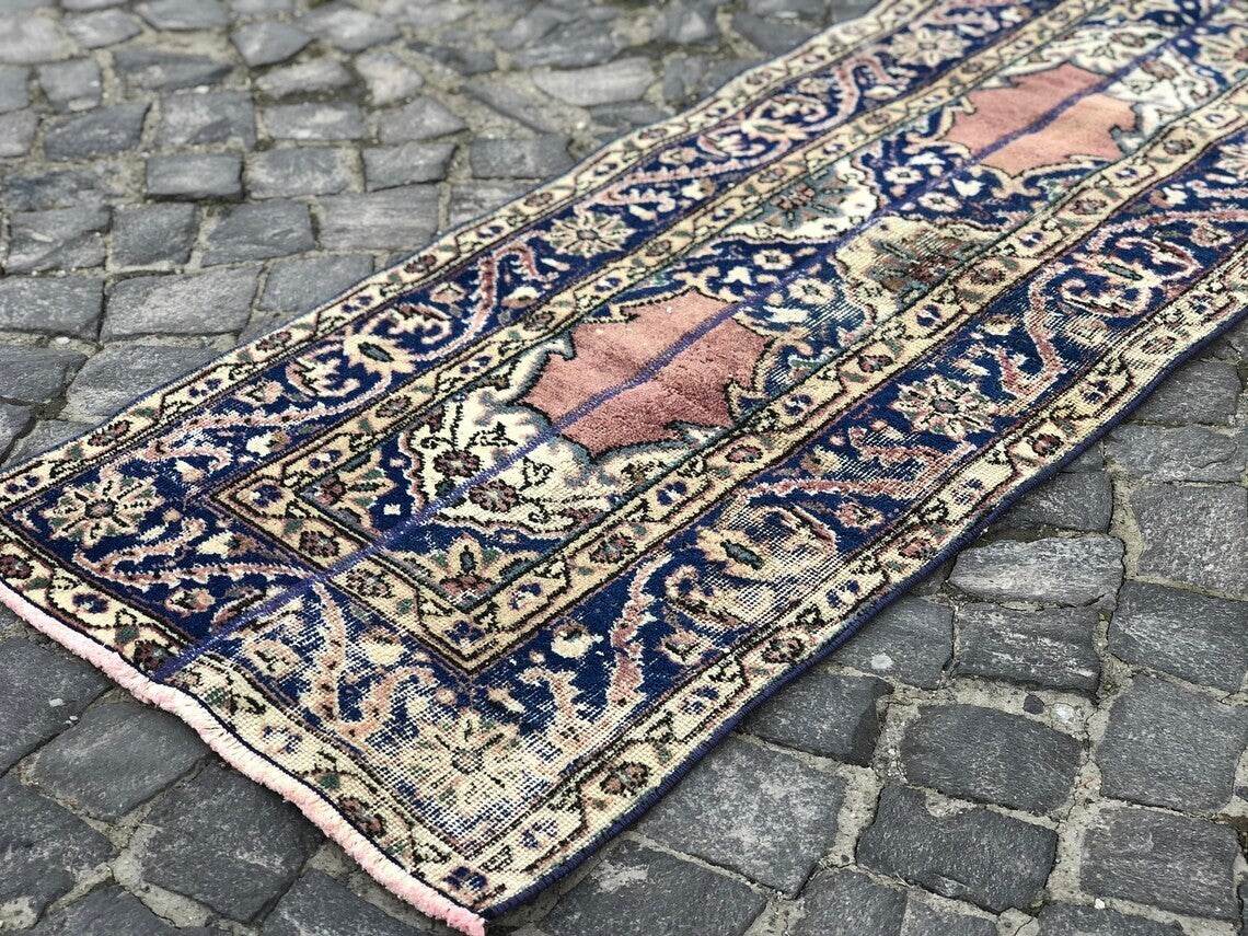 Vintage Turkish Oushak Rug | 3x11.7 ft| Antique Blue Wool Handmade Runner Carpet