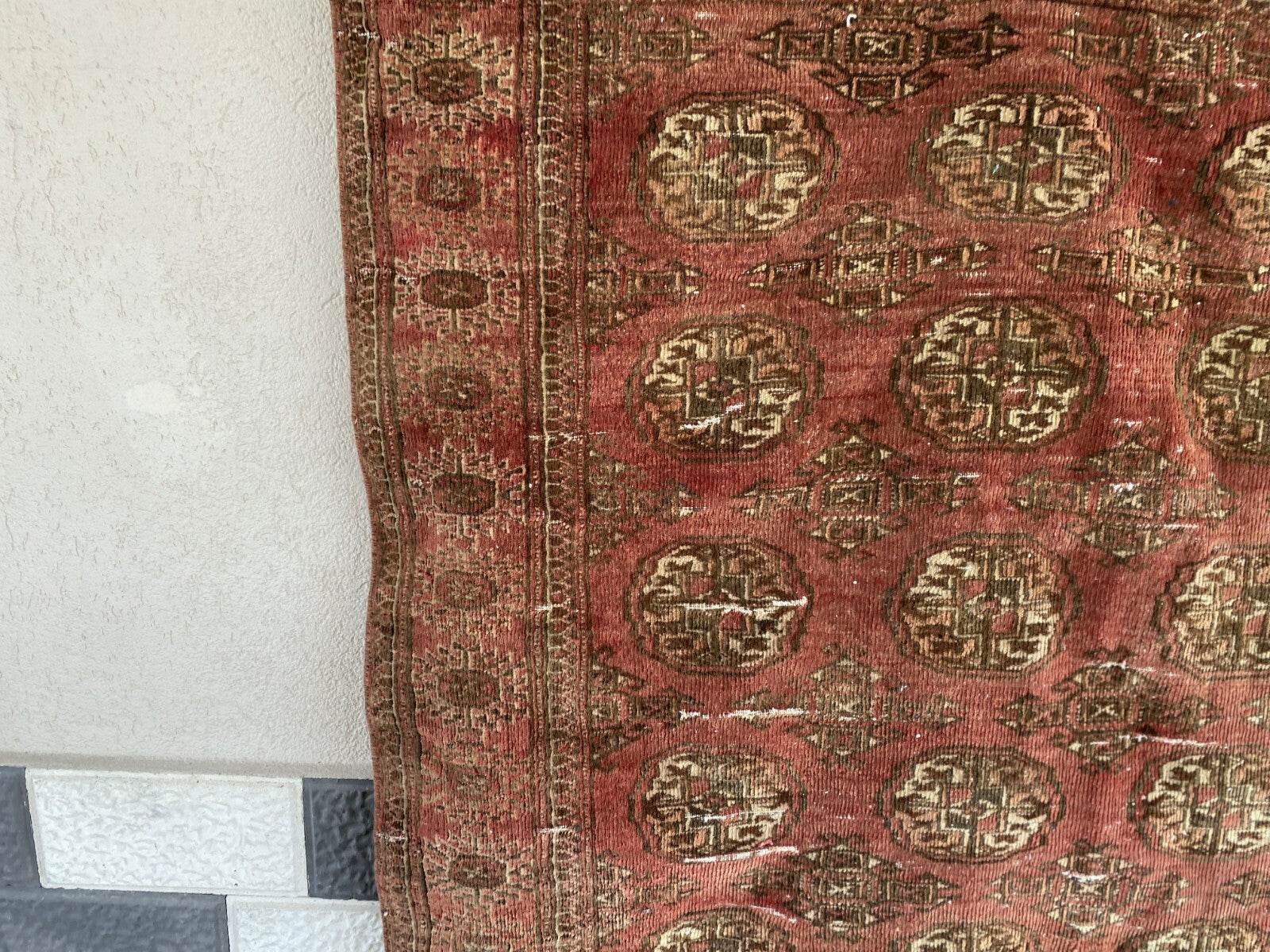 VINTAGE RUG HAND-KNOTTED Afghan Style BUKHARA handmade wool RED antique farmhouse rug