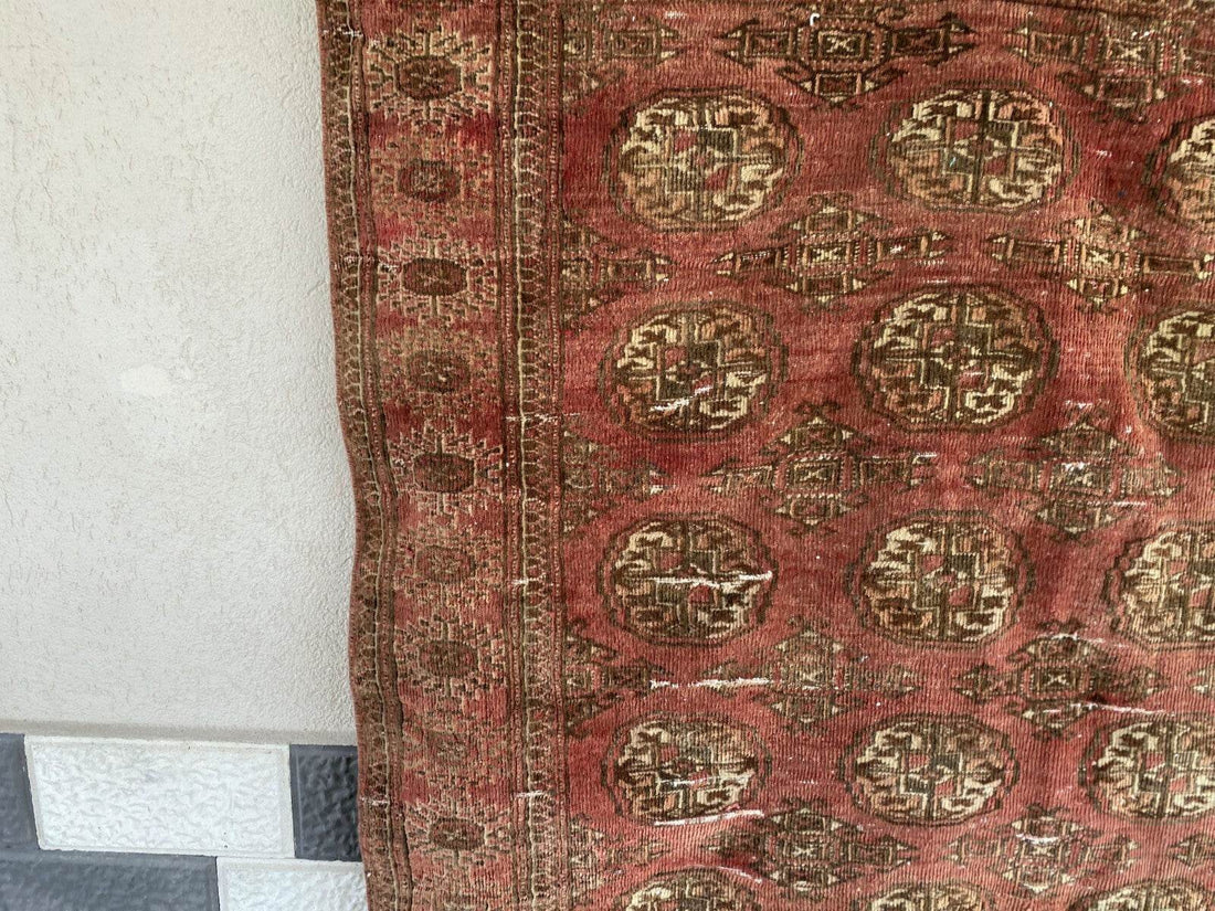 VINTAGE RUG HAND-KNOTTED Afghan Style BUKHARA handmade wool RED antique farmhouse rug