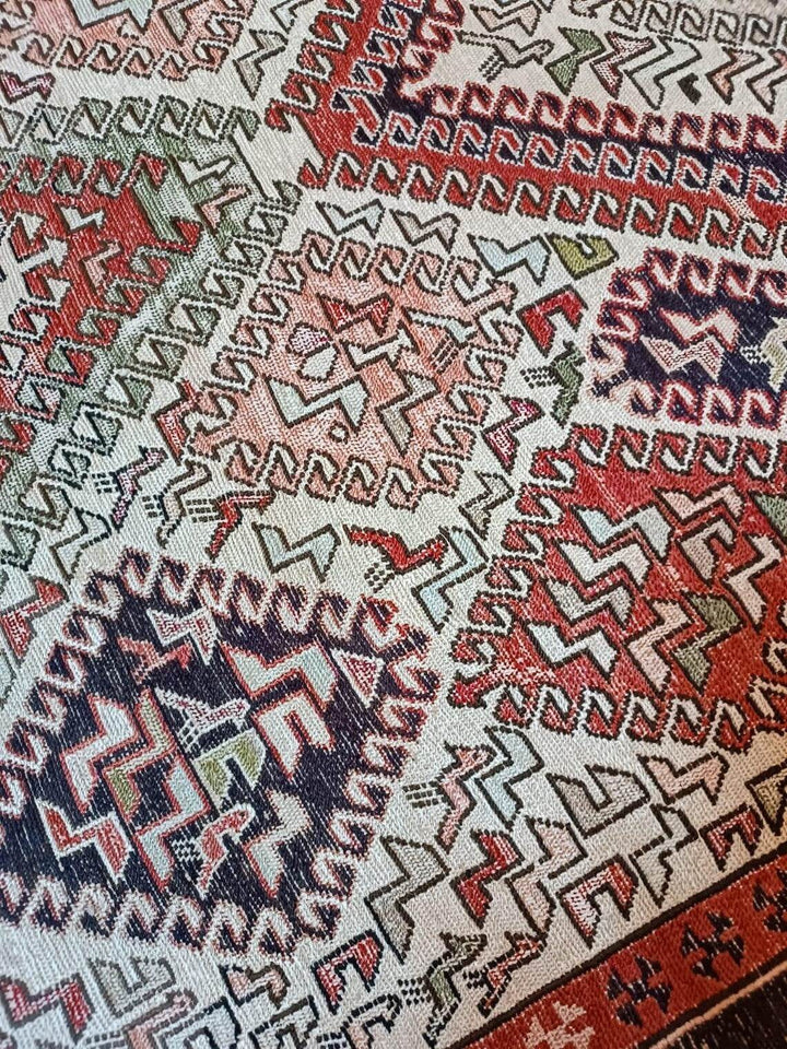 Vintage Persian Style Silk Soumak Rug, Hand-Woven Flatweave | Geometric Area Rug Deco