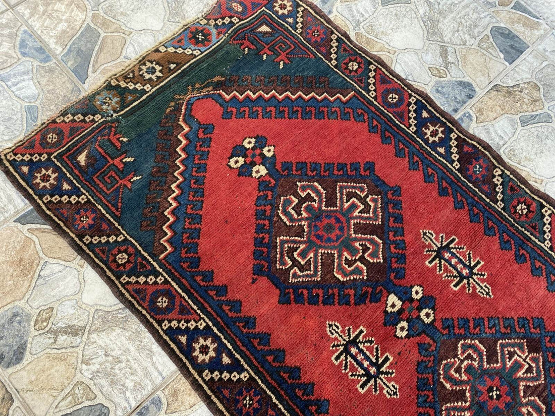 Geometric Turkish Vintage Rug,Farmhouse Handmade Anatolian Village Rug 2.6x9.8Ft