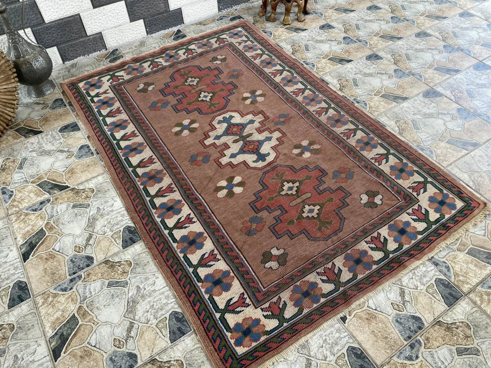 Turkish Kurdish Vintage Rug | 4.3 x 6.5 ft | Hand-knotted Anatolian Tribal Geometric