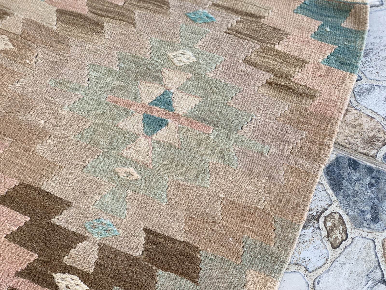 Anatolian Kilim Vintage Geometric Turkish Tribal Oushak Wool Area Rug 5.1x6.2 ft