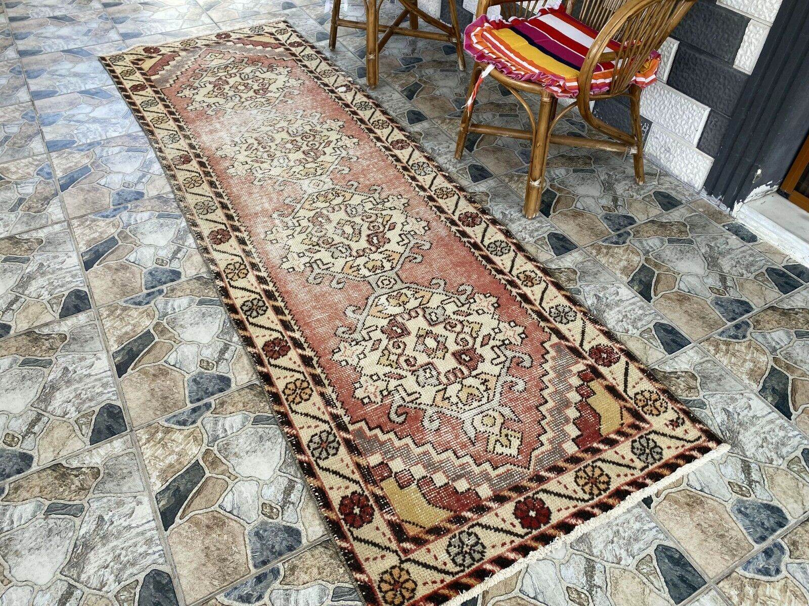 Vintage Turkish Wool Rug, Bohemian Geometric Farmhouse Handmade Runner Rug 3x9ft