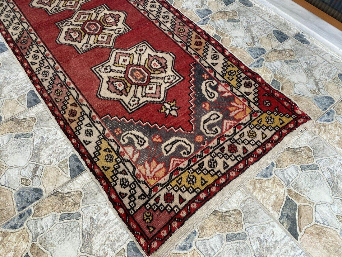 Vintage Turkish Rug | Tribal Handmade Wool Farmhouse Antique Runner 3.2ftx9.2 ft