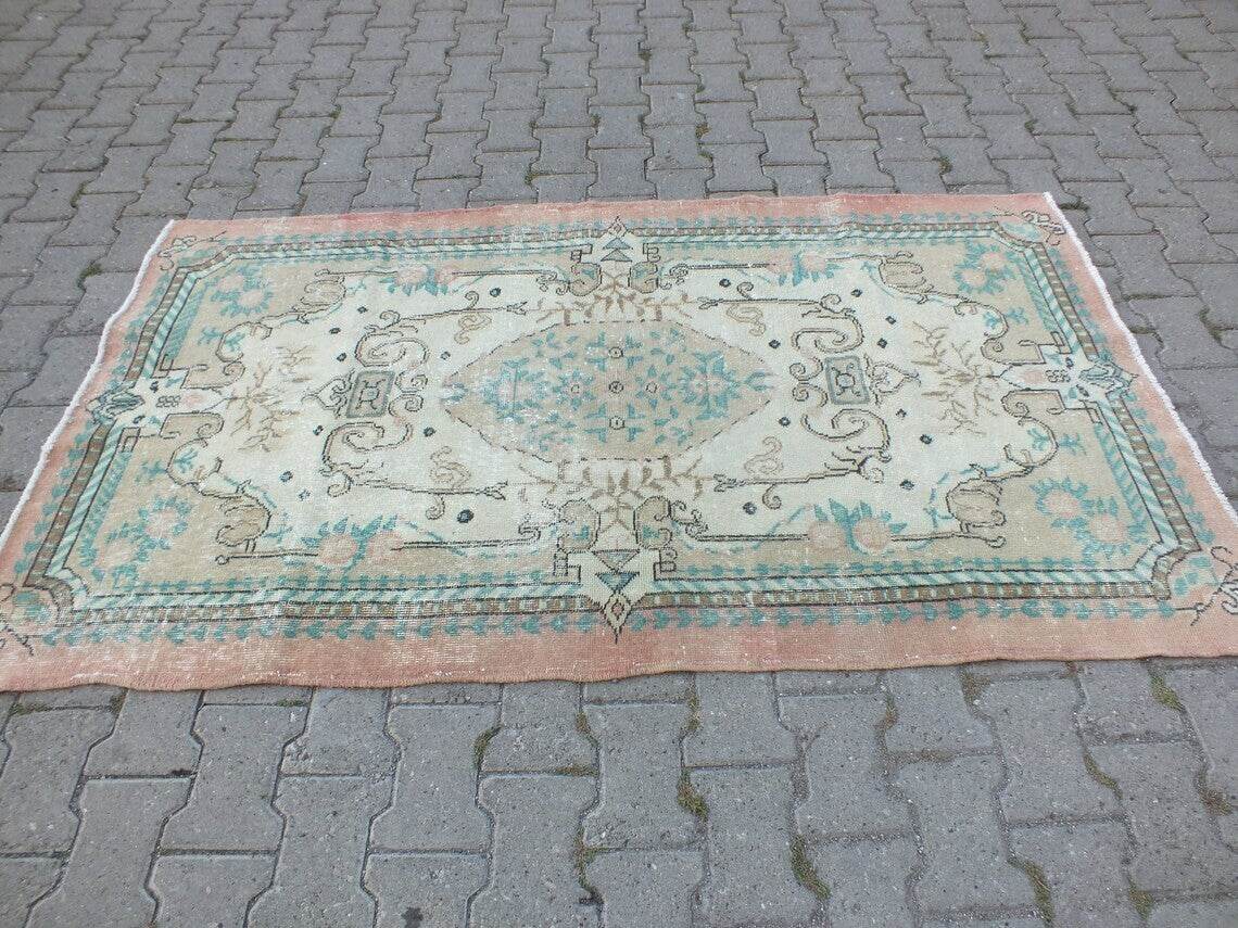 Vintage Oushak Farmhouse Rug, Turkish Anatolian Handknotted Wool Area 3.9x7.3 ft