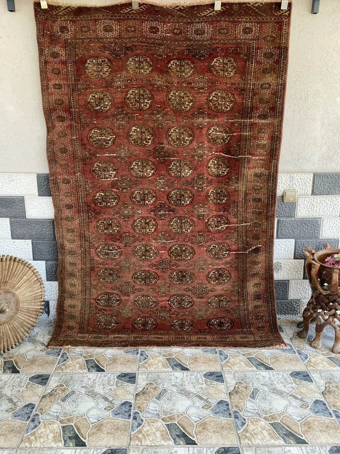 VINTAGE RUG HAND-KNOTTED Afghan Style BUKHARA handmade wool RED antique farmhouse rug