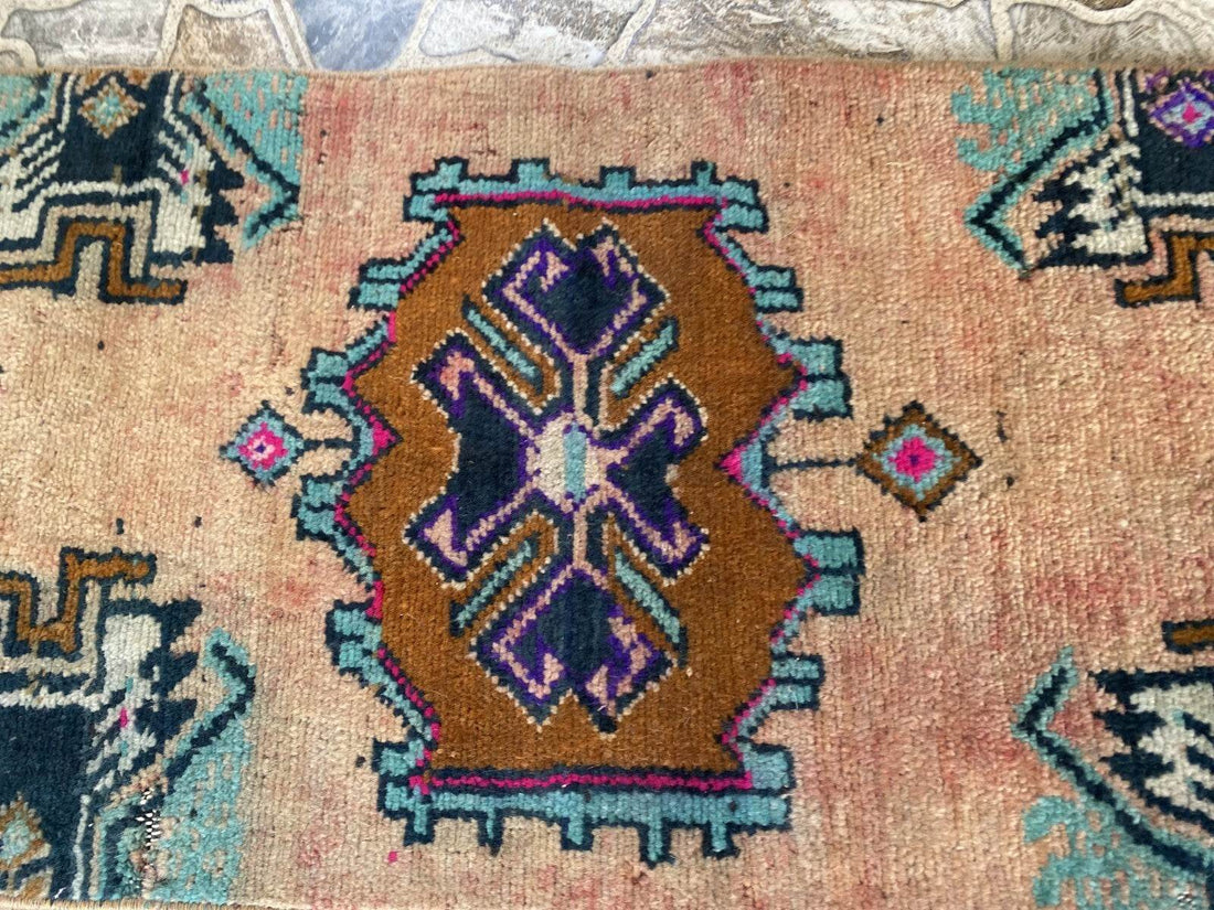 Vintage Turkish Rug 1.2x3 ft Tribal Medallion Hand-Knotted Wool Small 1970s Rug