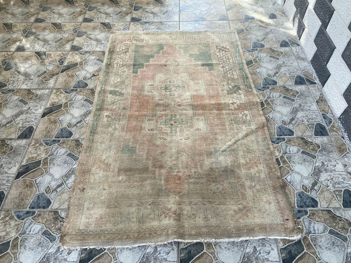 3x5 VINTAGE RUG HAND-KNOTTED Turkish Oriental Handmade Wool Beige Antique Rug