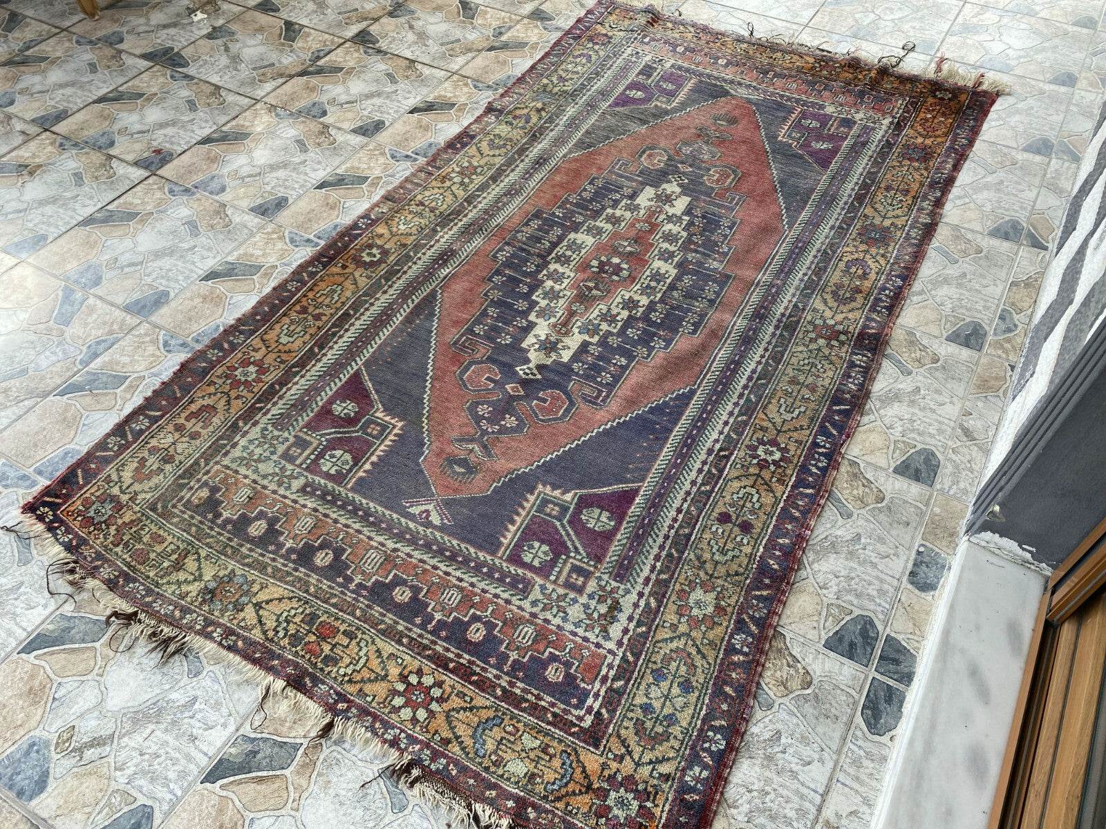 Vintage Turkish Wool Rug, Hand-Knotted Antique Geometric Oushak Area Rug 4x8 ft