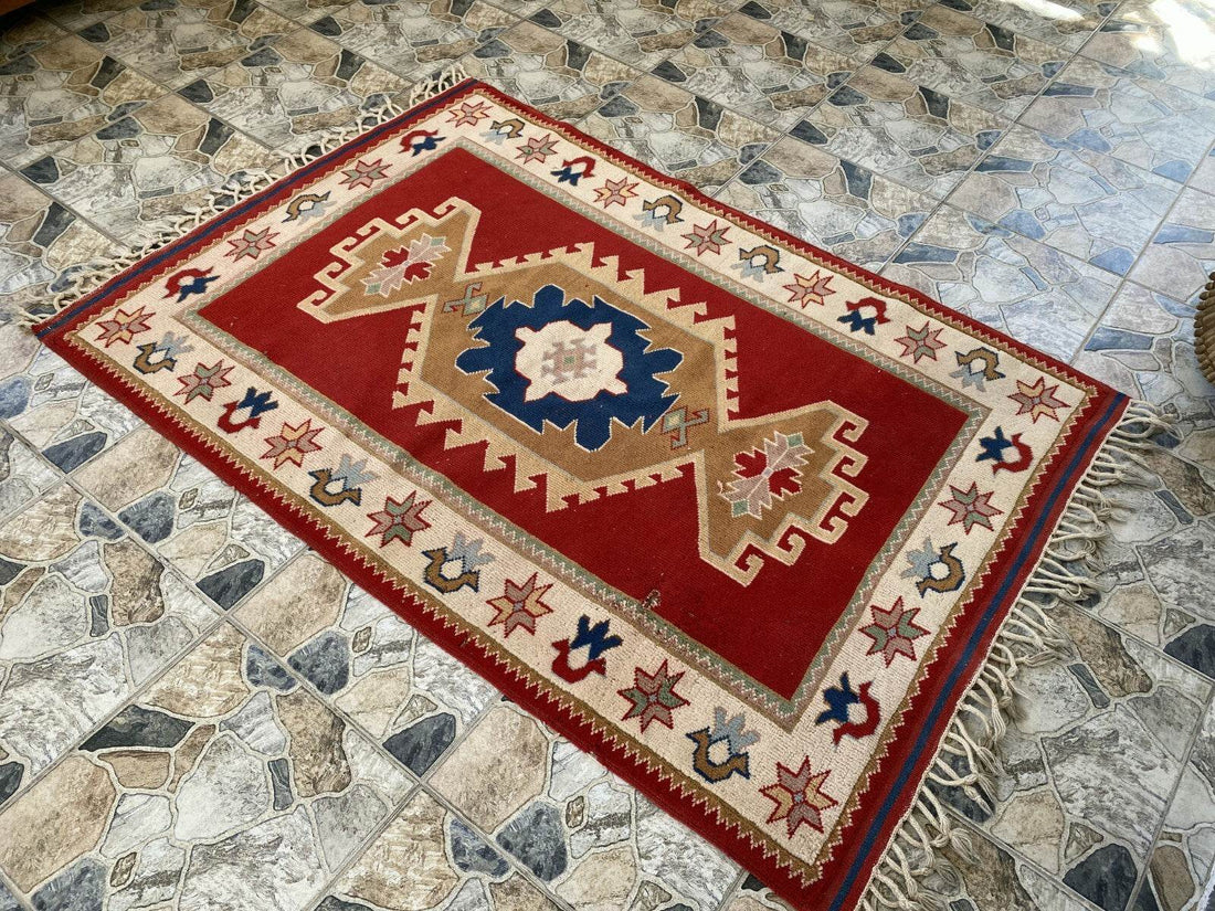 Geometric Turkish Vintage Rug,Farmhouse Handmade Anatolian Village Rug 4.2x6.2ft