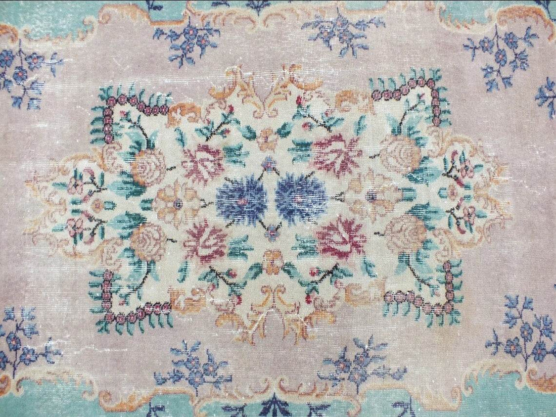 Large Turkish Vintage Oushak Rug, Farmhouse Handmade Wool Geometric 6.4x9.6 Ft