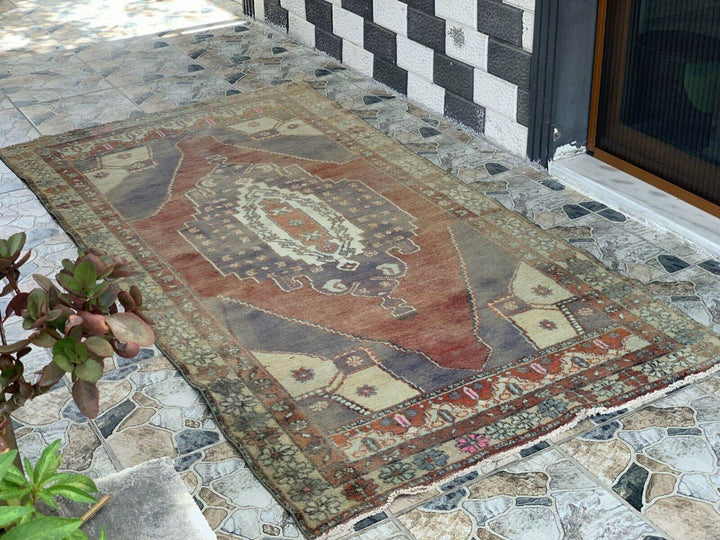 Vintage Rug, Turkish Oushak Handmade Wool Geometric Oriental Farmhouse 4.3x8.8ft