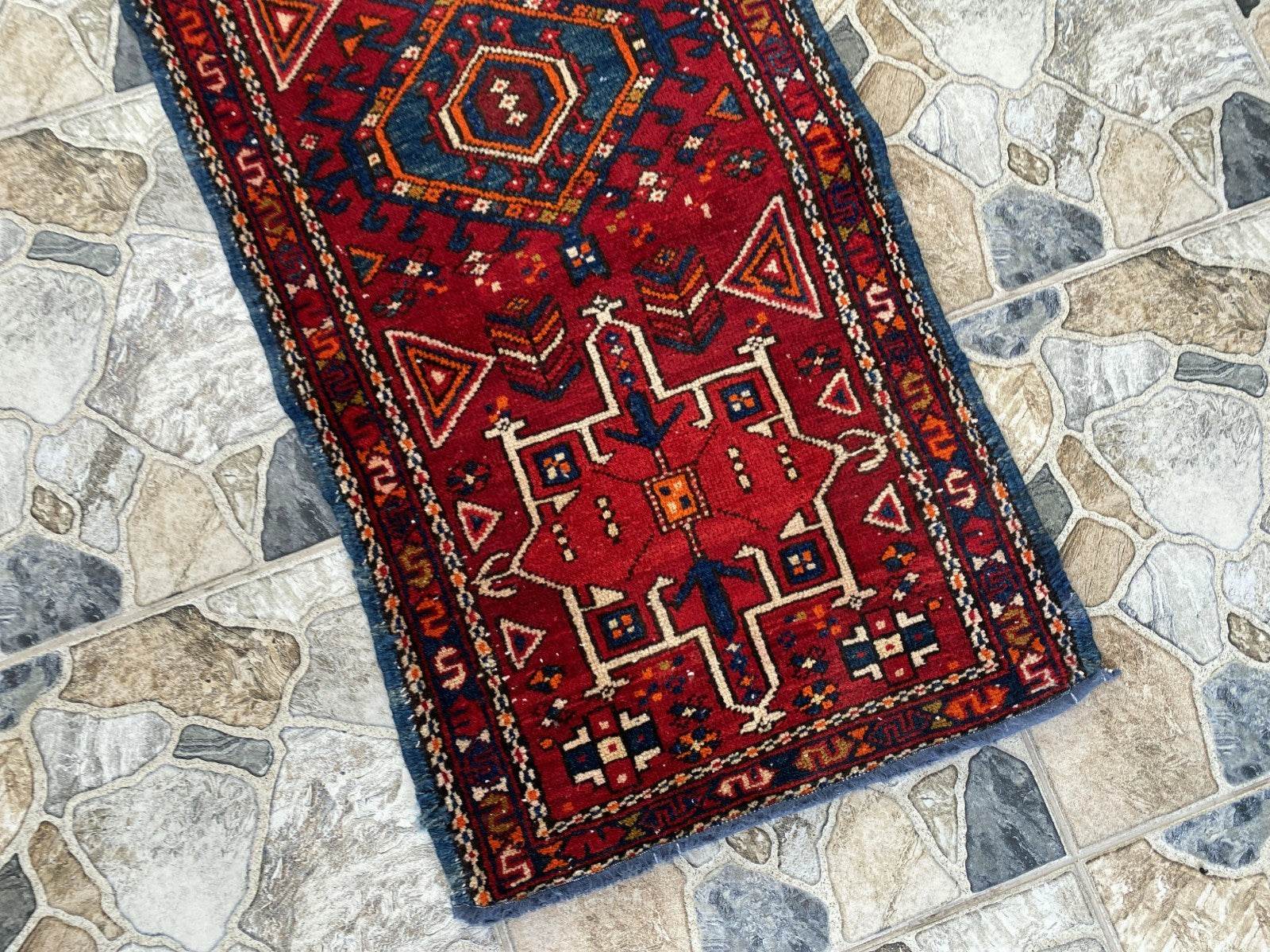 Vintage Persian Style Runner Rug | 1.8 x 6.6 ft Hand-Knotted Wool | Red & Blue Tribal
