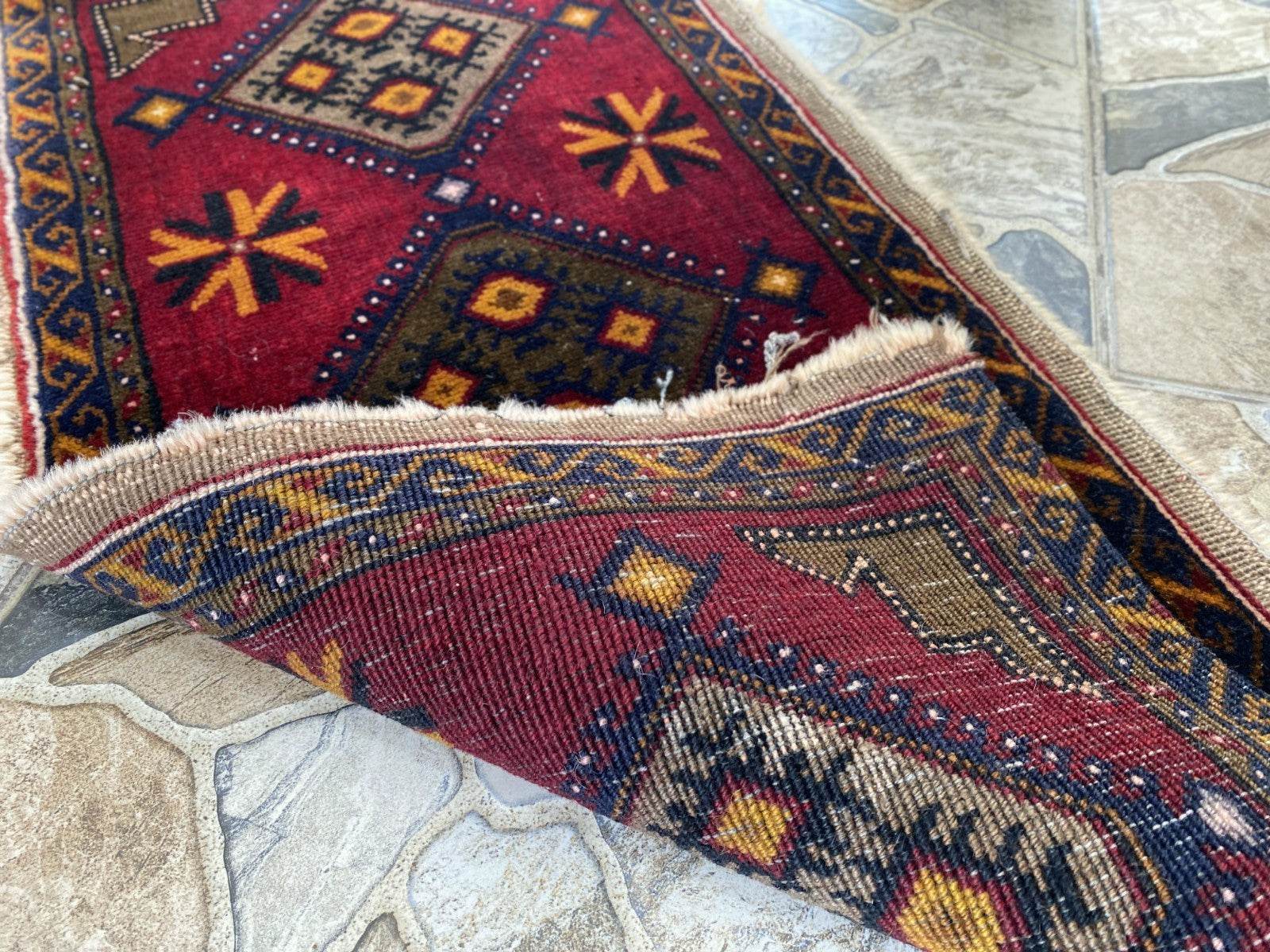 Vintage Turkish Wool Rug, Antique Hand-Knotted Geometric Oushak Small Runner 1x3