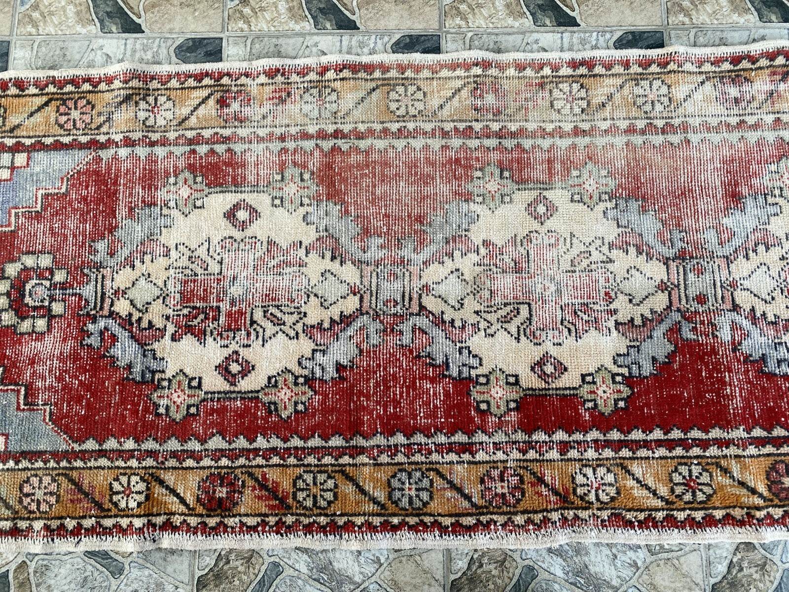 Vintage Turkish Oushak Rug, 3 x 9 ft Red Handmade Wool Antique Tribal Runner Rug