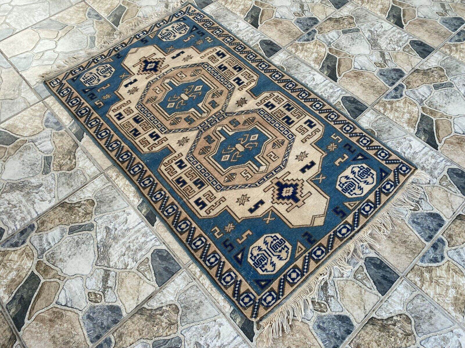 Vintage Turkish Wool Rug, Hand-Knotted Antique Geometric Oushak Small Runner 2x4