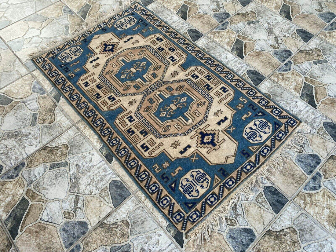 Vintage Turkish Wool Rug, Hand-Knotted Antique Geometric Oushak Small Runner 2x4