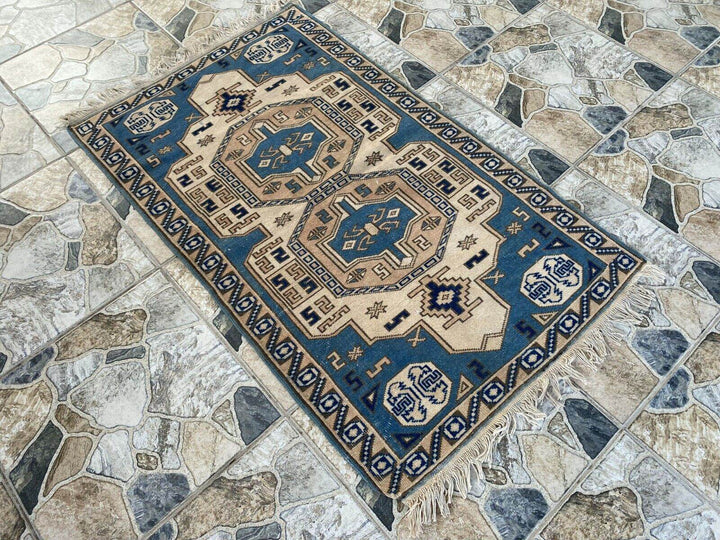 Vintage Turkish Wool Rug, Hand-Knotted Antique Geometric Oushak Small Runner 2x4