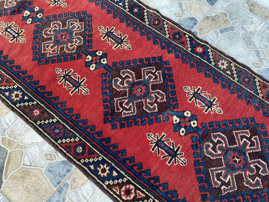 Geometric Turkish Vintage Rug,Farmhouse Handmade Anatolian Village Rug 2.6x9.8Ft
