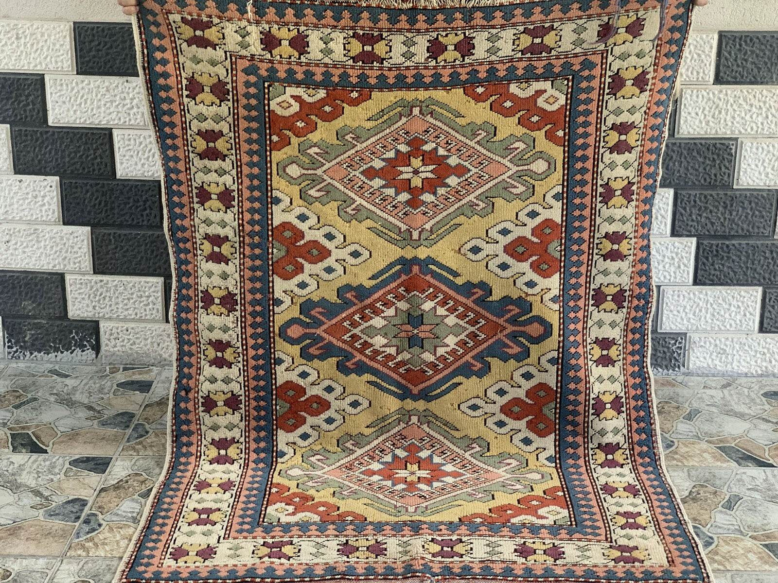 Vintage Handmade Turkish Wool Rug Anatolian Farmhouse Geometric Oushak 4.1x5.4ft