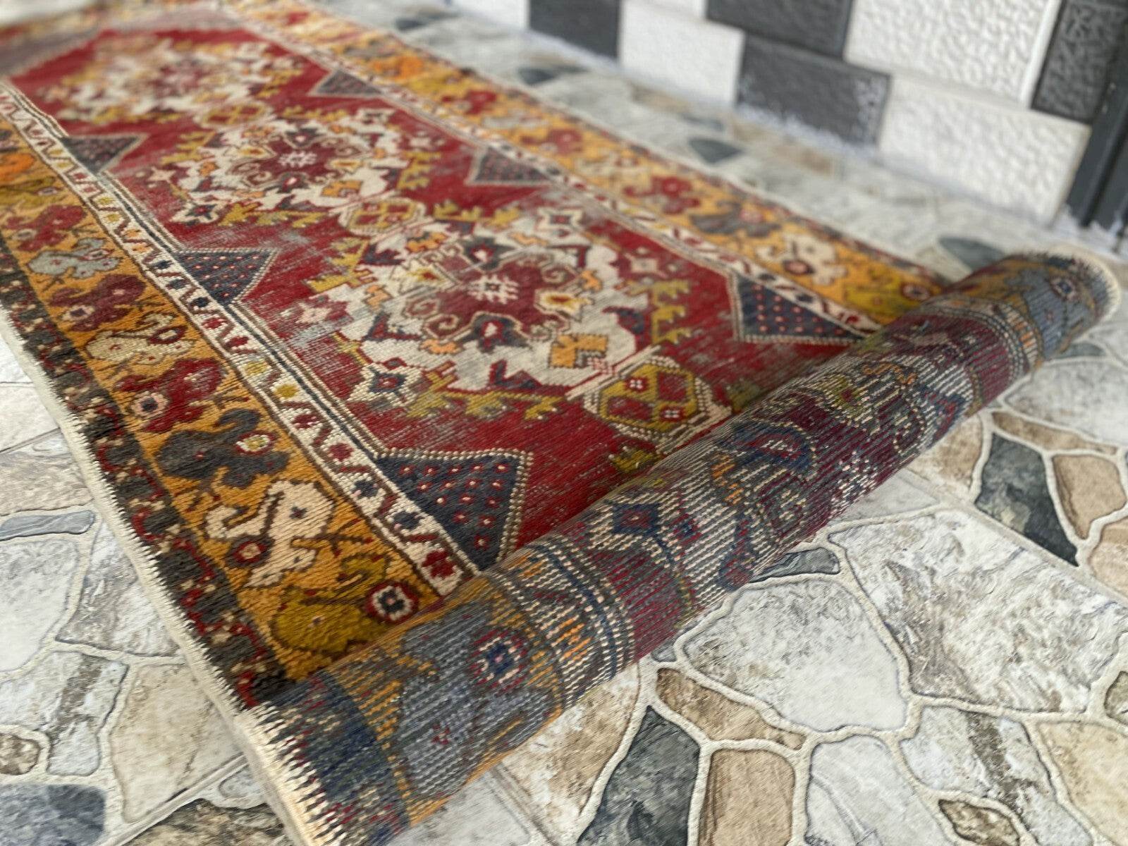 Vintage Turkish Wool Rug - Handmade Antique Red Oushak Kurdish Runner Rug 3x9 ft